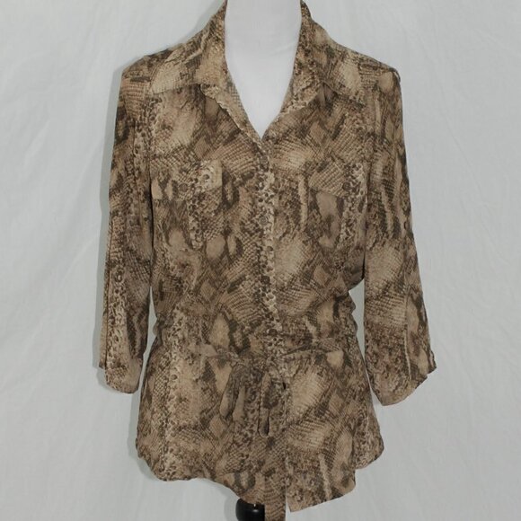 New York & Company Womens Medium Blouse Snake Skin Button Down Shirt Roll Tab - Picture 1 of 7